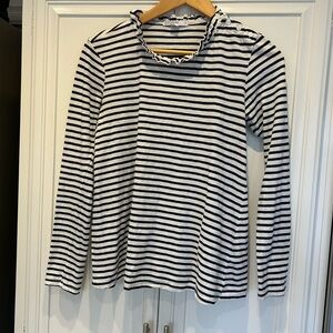 STATESIDE Ruffle neck, striped long sleeve top w/buttons on left shoulder. XS